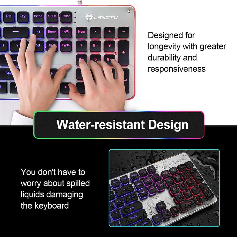 LANGTU Membrane Gaming Keyboard, Colorful LED Backlit Quiet Keyboard for Study, All-Metal Panel USB Wired 25 Keys Anti-ghosting Computer Keyboard 104 Keys - L1 Black/Silver… - Image 4
